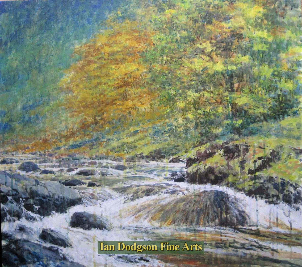 Jeremy Yates - Between the showers, Gold and Green (Ogwen) Acrylic on panel (2017)